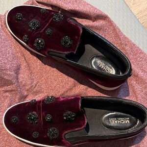 Michael Kors Burgundy Velvet Slip-On Sneakers with Black Jewel Accents